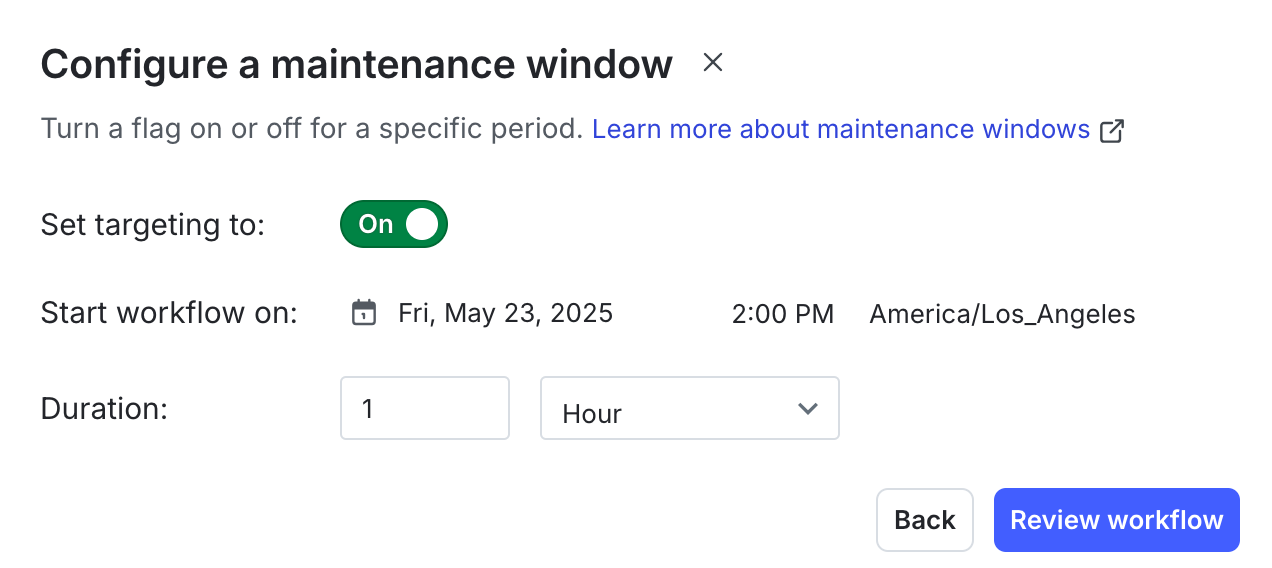 The "Configure maintenance window" workflow dialog.