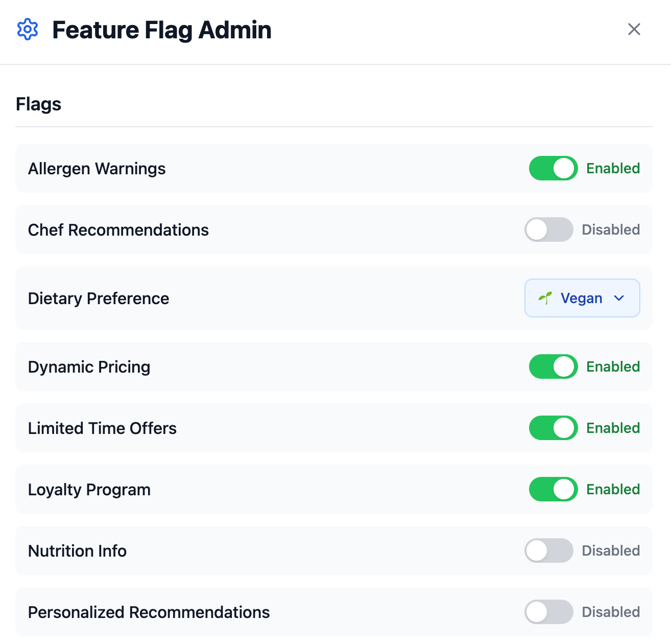 Screenshot of the admin panel for BrunchDarkly. There are various toggles which can be flipped, such as Allergen Warning and Limited Time Offer.