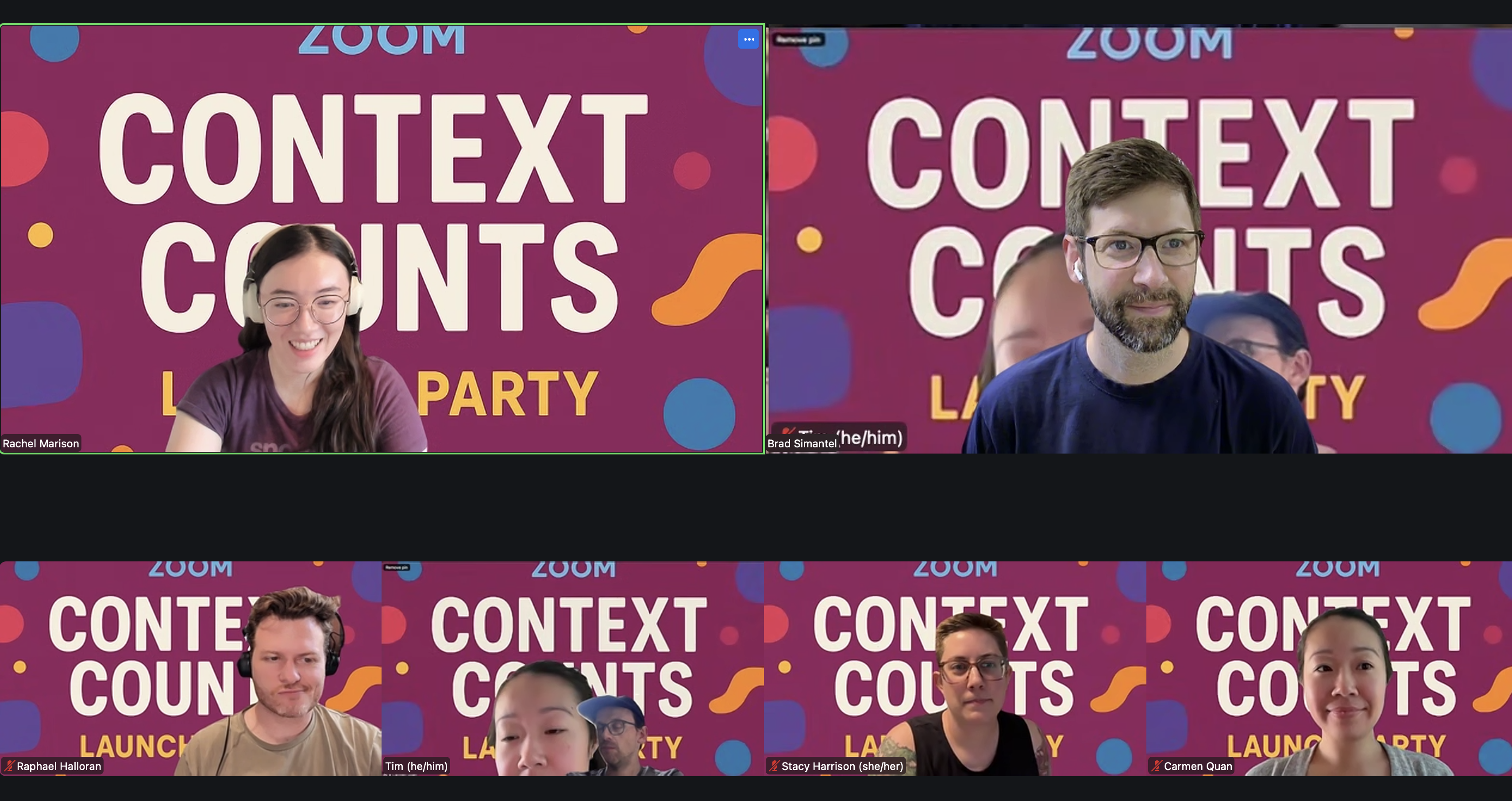 Zoom screenshot of the launch release party, featuring fancy custom Zoom backgrounds..