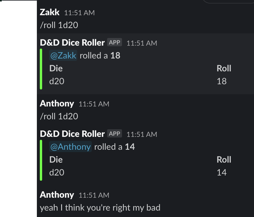 Screenshot of Slack dice roller plugin thingy.