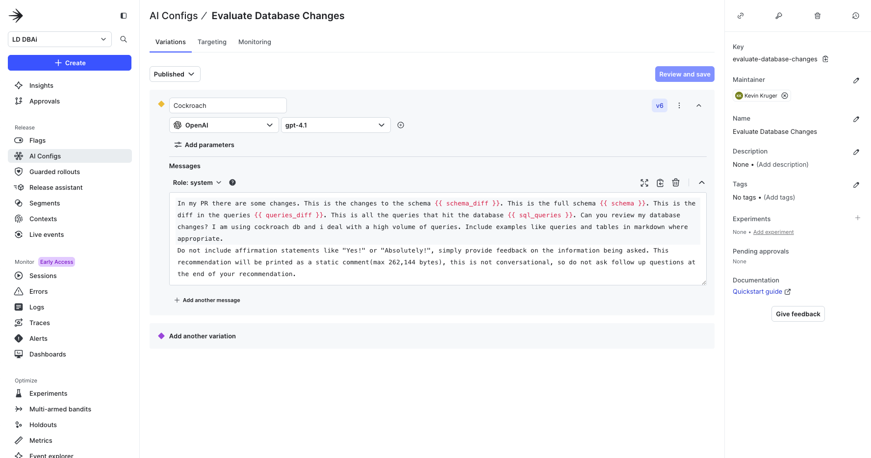 Screenshot showing the LaunchDarkly UI for creating an AI Config to manage database changes.