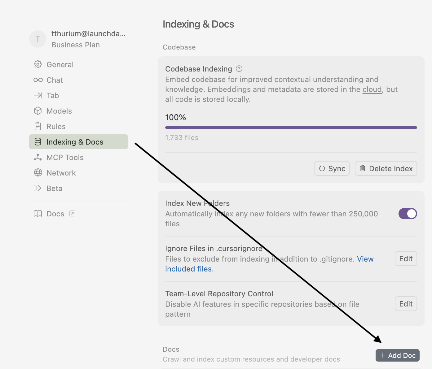 Screenshot showing how to add new documentation to Cursor.