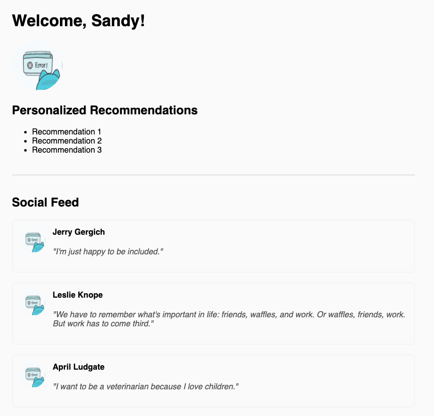 screenshot of homepage of social app with default image