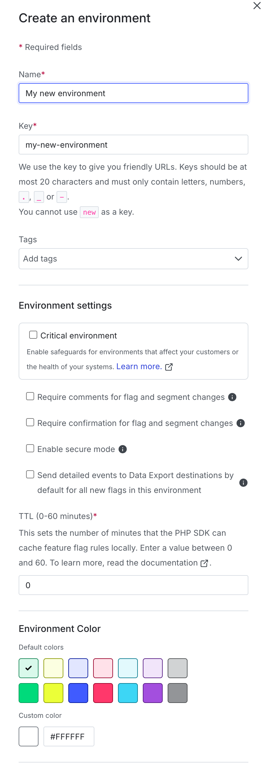 The "Create an environment" panel.