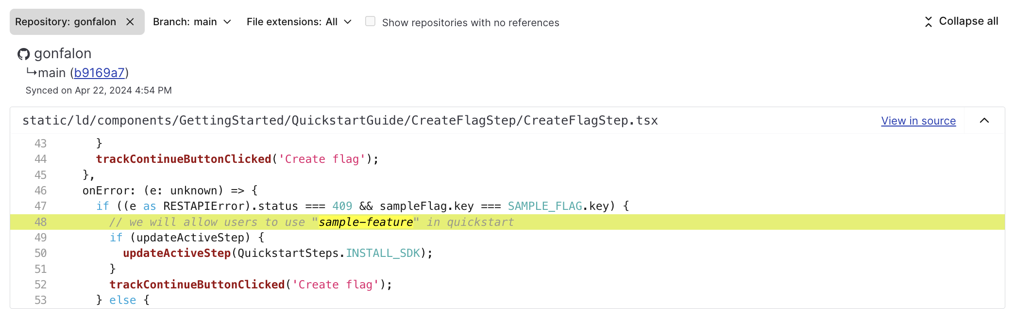 The code references section of a feature flag.