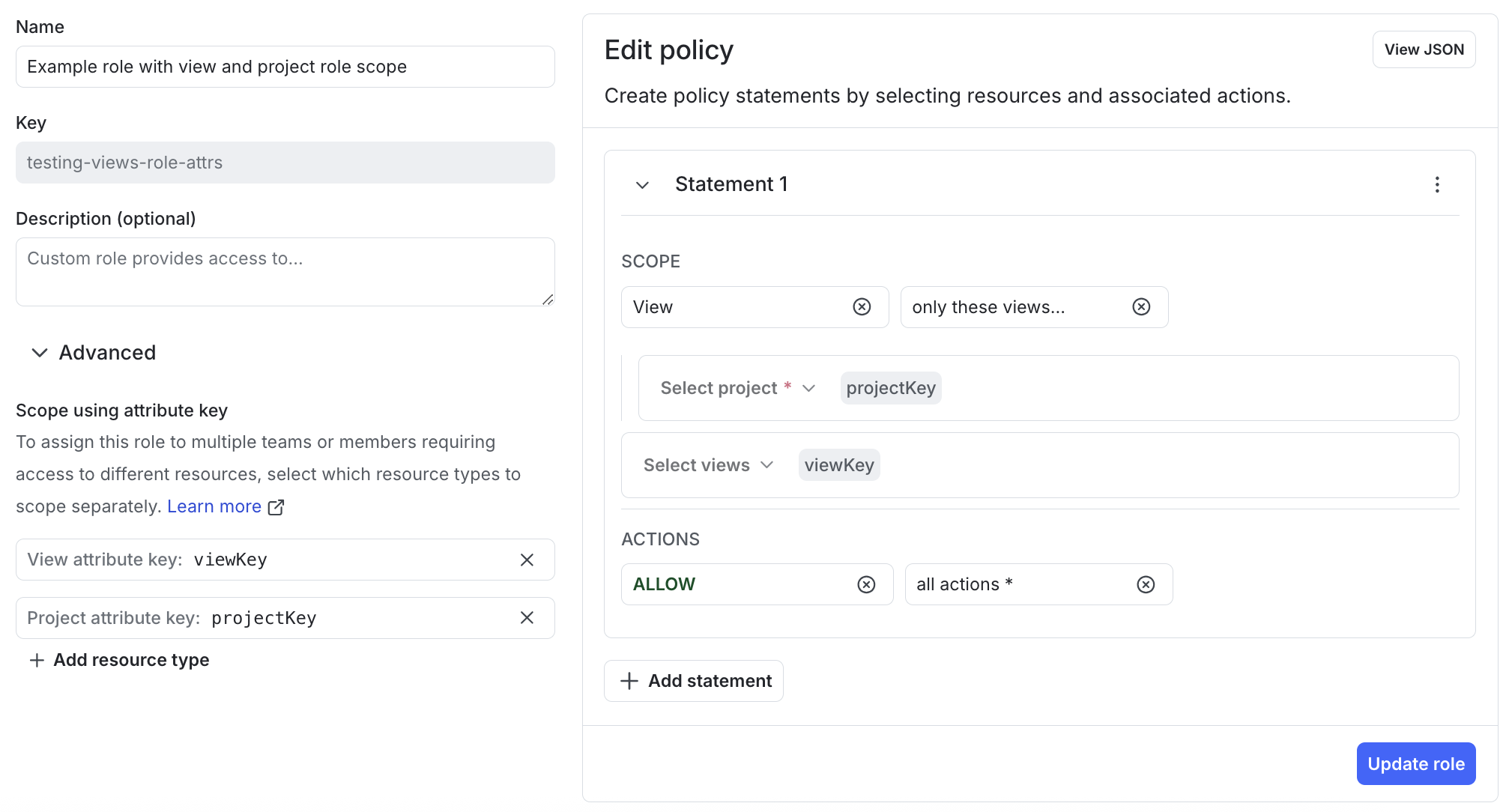 The policy builder, with a statement allowing access to views based on the "viewKey" role attribute.