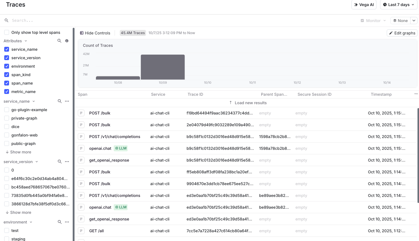 The traces page showing example LLM span data.