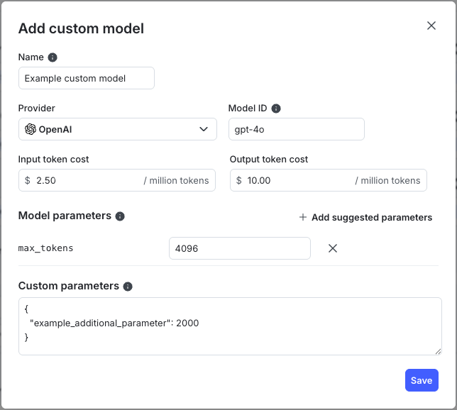 The "Add custom model" dialog.