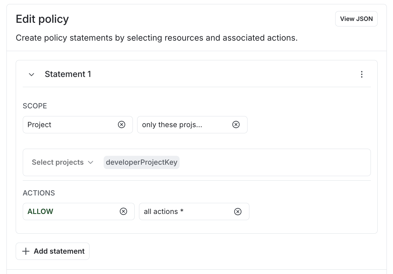The "developerProjectKey" used in a policy statement.