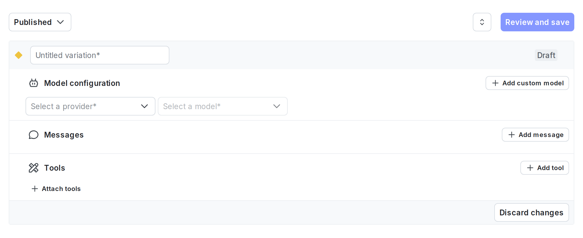 The Variations tab of a newly-created AI Config.