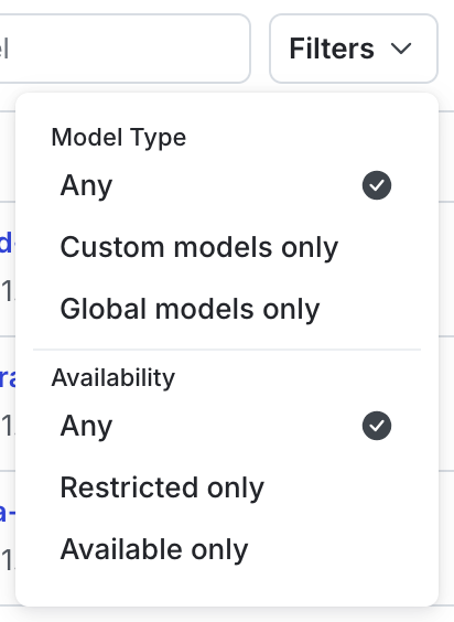 The "Filters" menu for the AI model configs list.