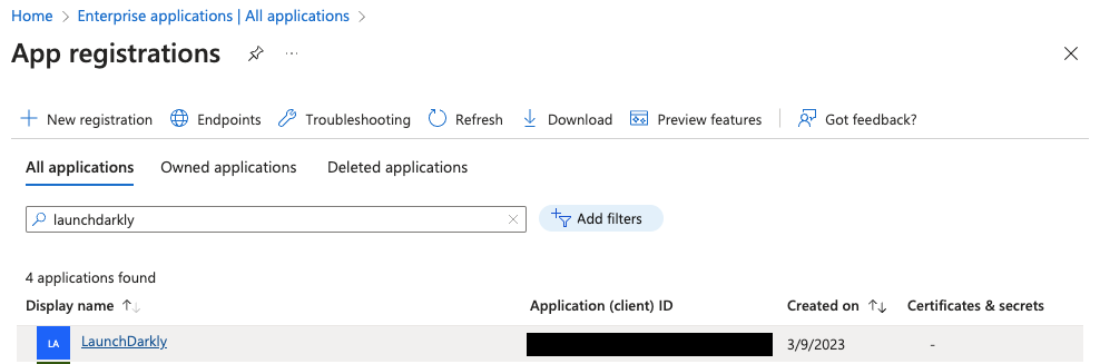 The "All applications" tab on the "App registrations" page in Entra ID.