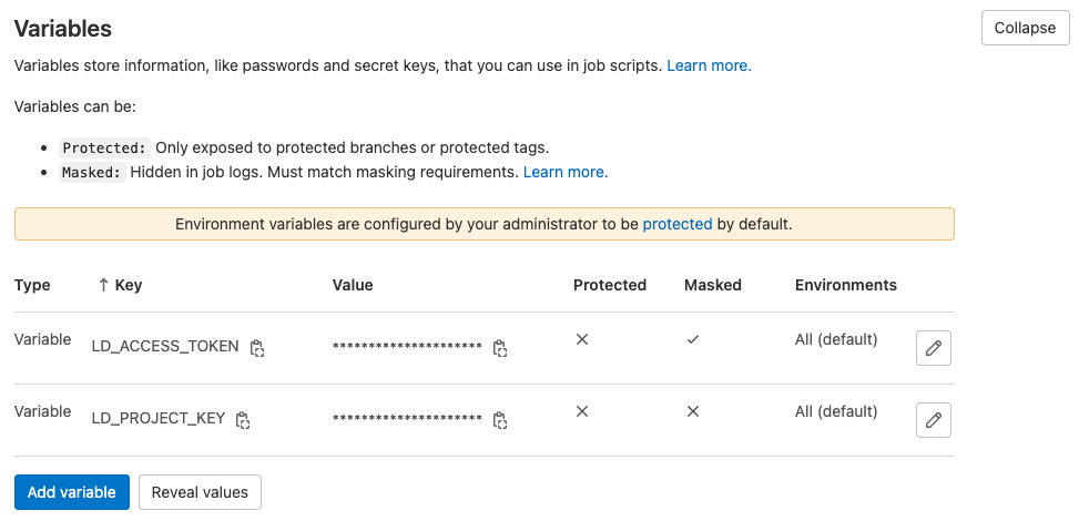 The GitLab Variables dialog with masked "LD_ACCESS_TOKEN" and "LD_PROJECT_KEY" created.