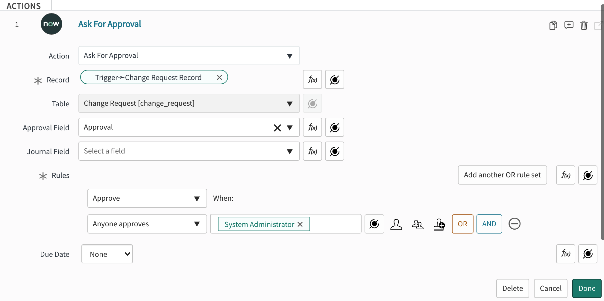 A ServiceNow "Ask For Approval" action configuration.