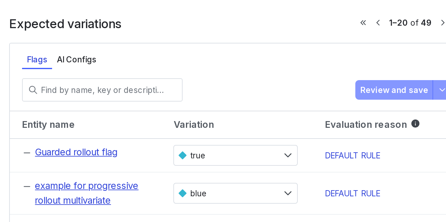 The "Expected variations" on the details page for a context.