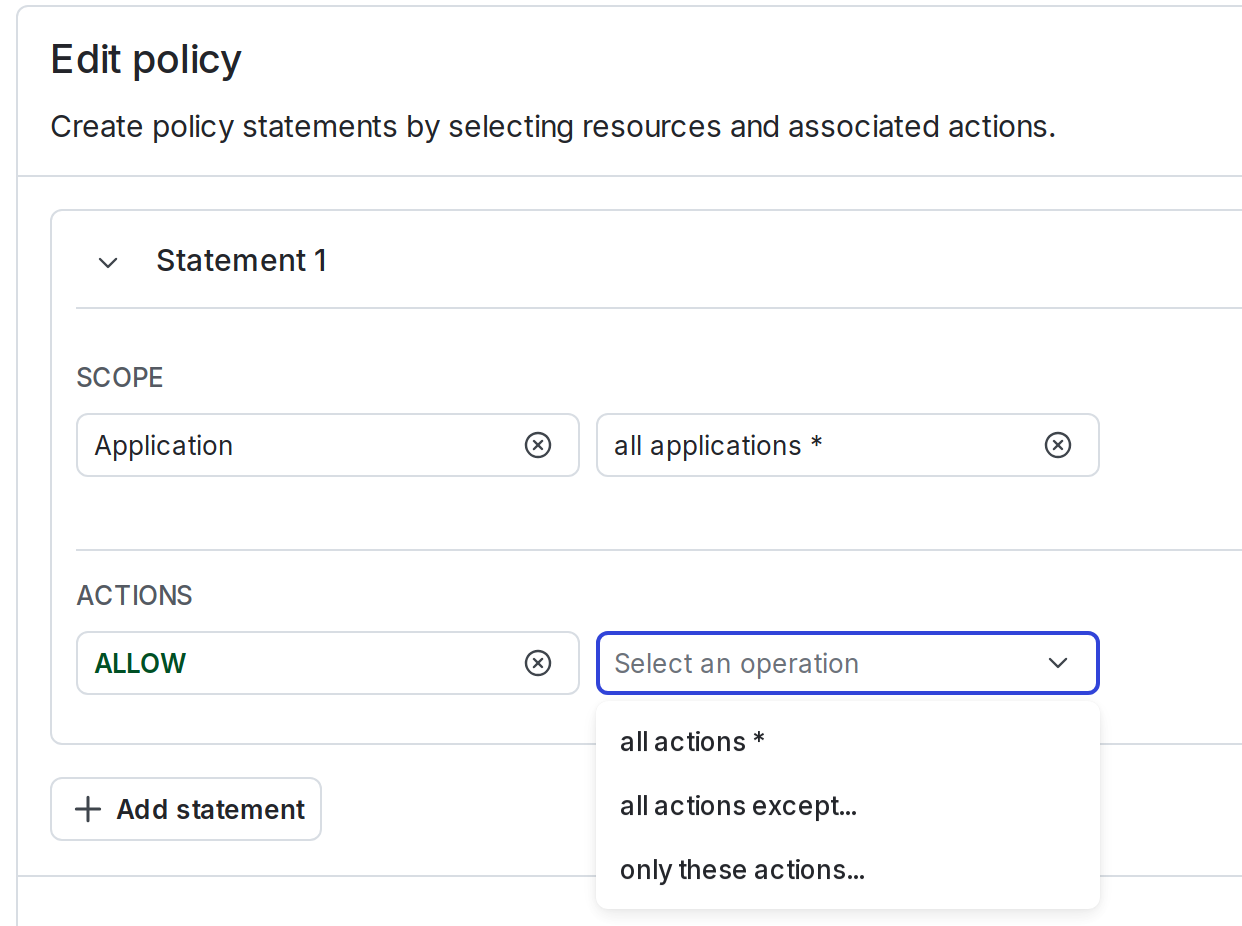 The "Scope" and "Actions" menus in a policy.