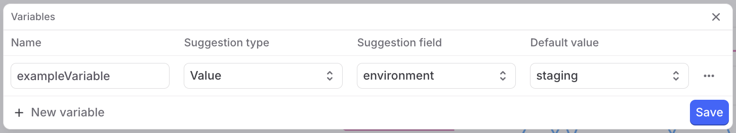 The "Variables" dialog, with a new variable filled in.