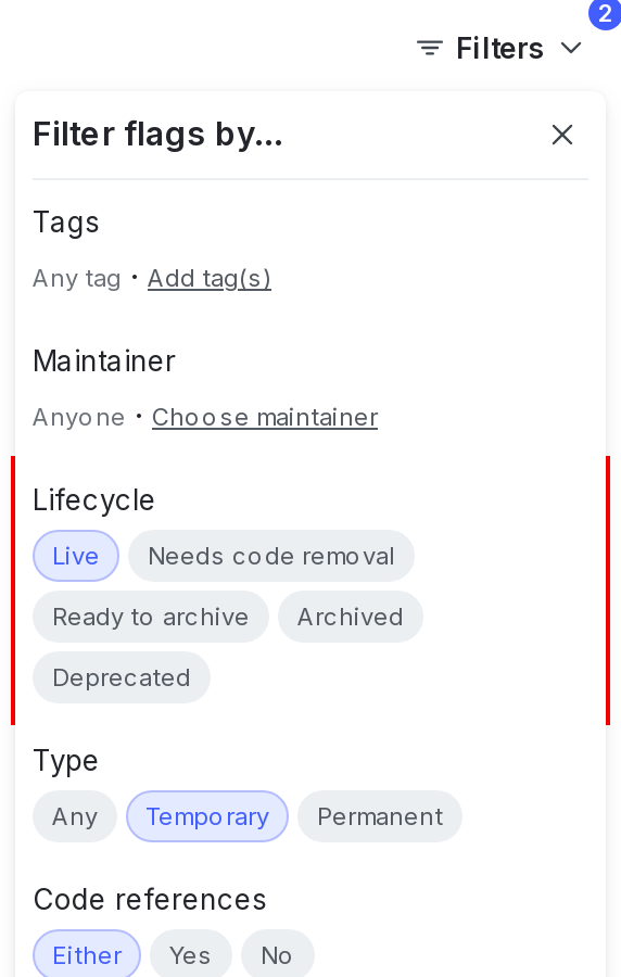 The Flags list Filters, with the lifecycle options shown.