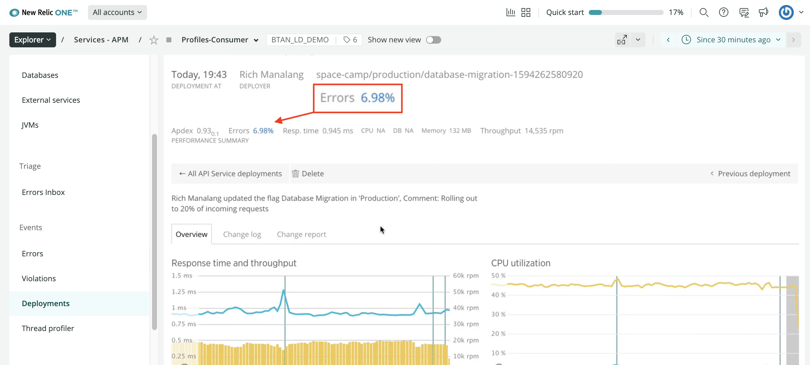 The New Relic One Deployments dashboard.