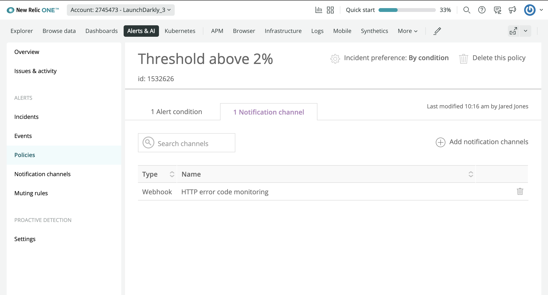 The "Notification channel" tab on the "Policies" screen.