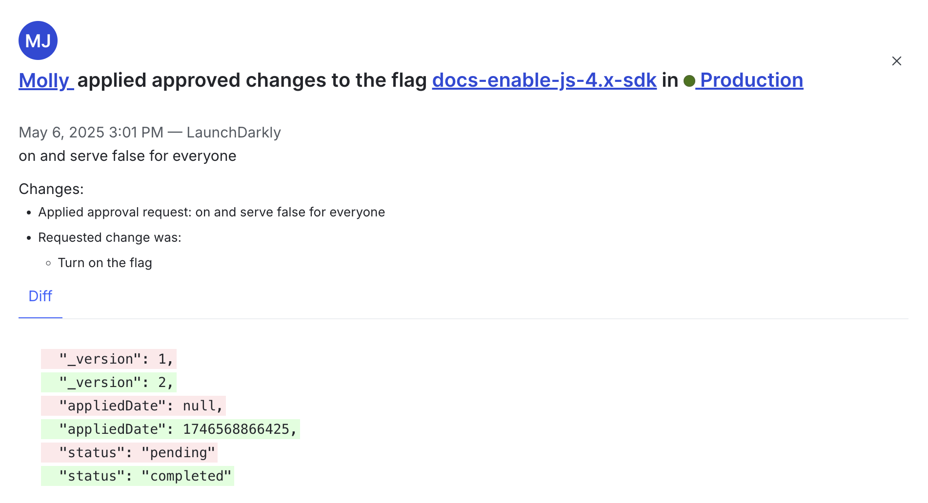 The details of a flag change.