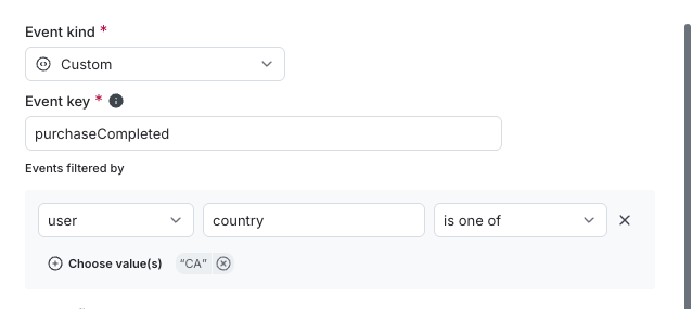 A metric definition that includes only events from the user context kind where the country attribute is set to CA.