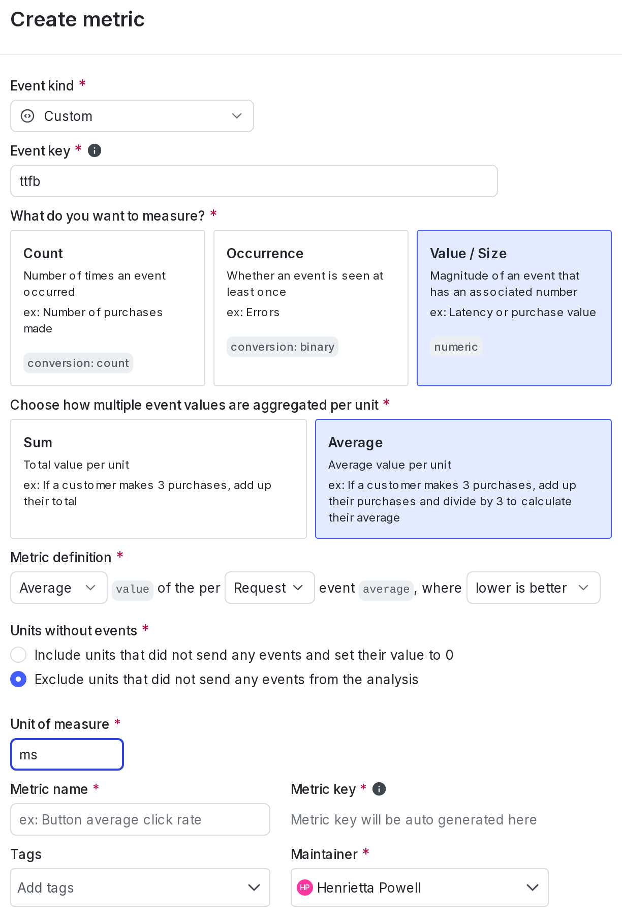 The "Create metric" dialog for a secondary custom numeric metric.