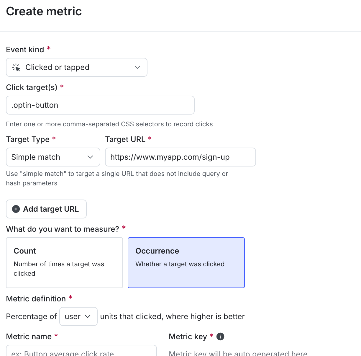 The "Create metric" dialog for a click conversion metric.