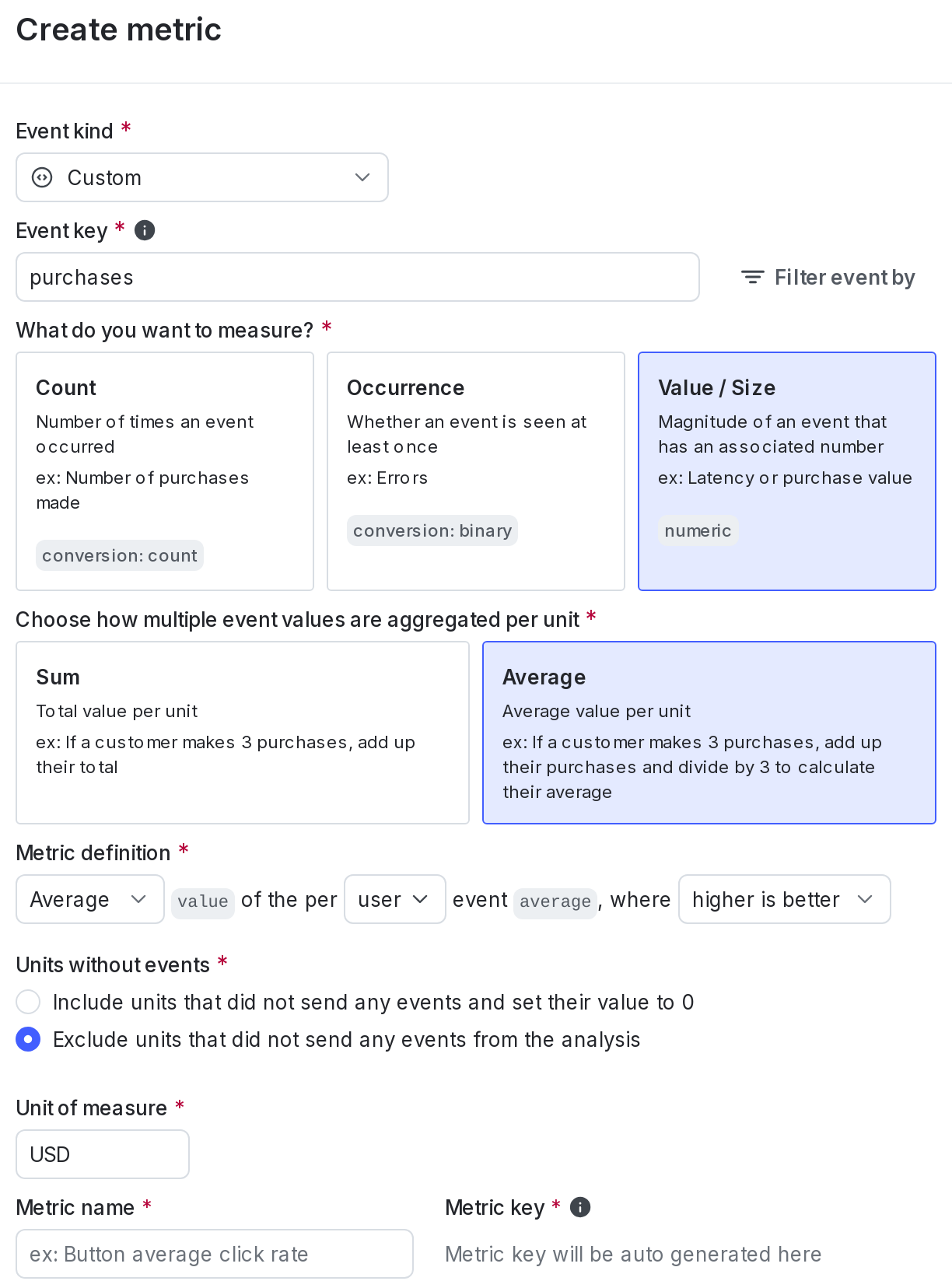 The metric creation dialog.