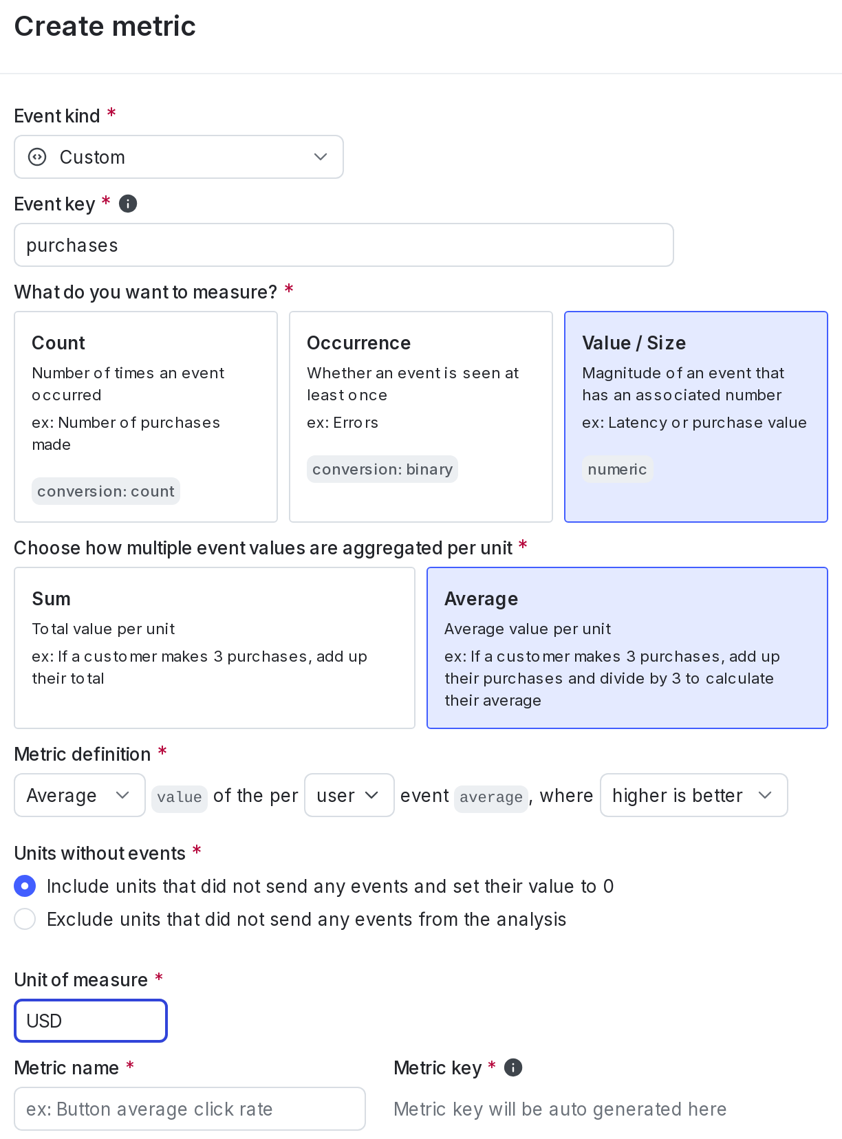 The metric creation dialog.