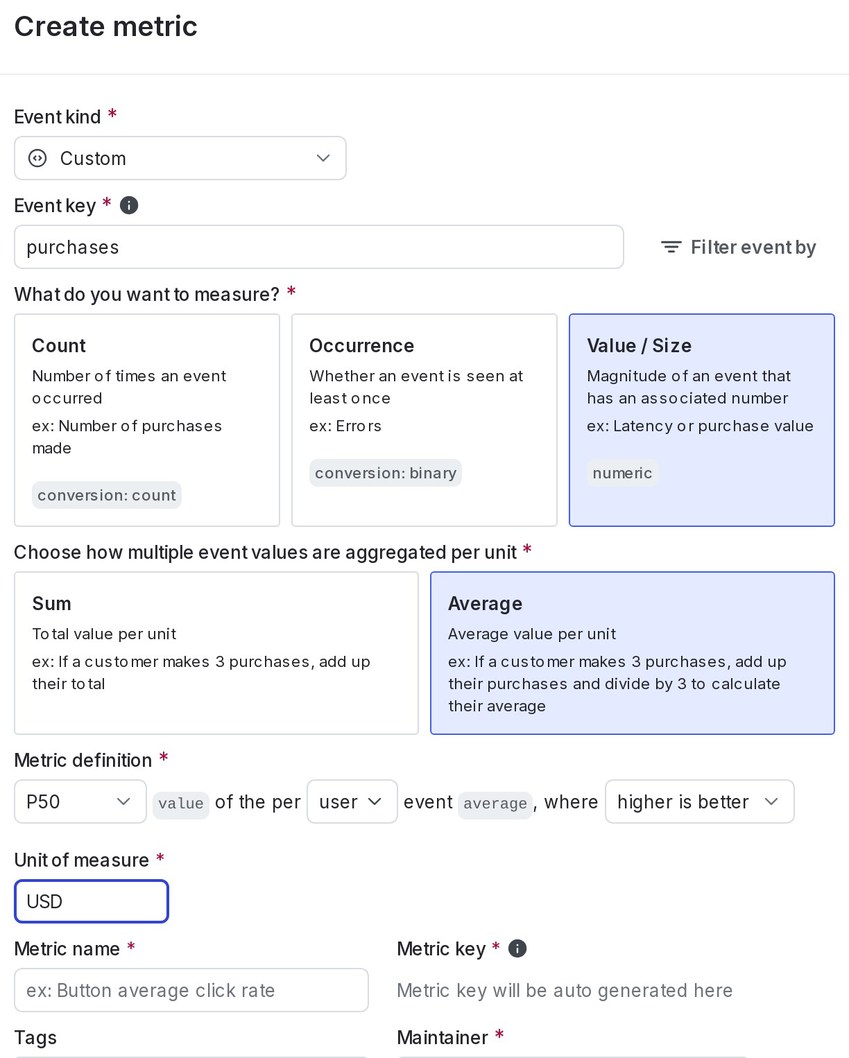 The metric creation dialog.