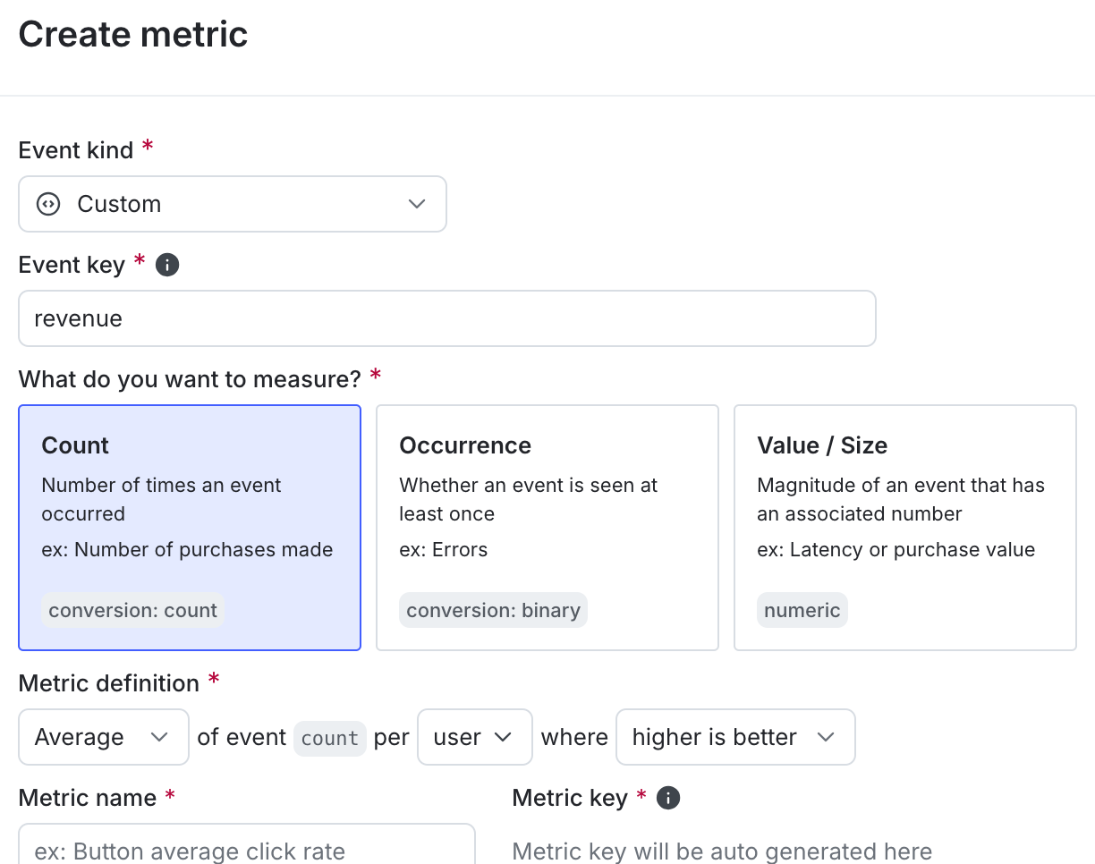 The metric creation dialog.