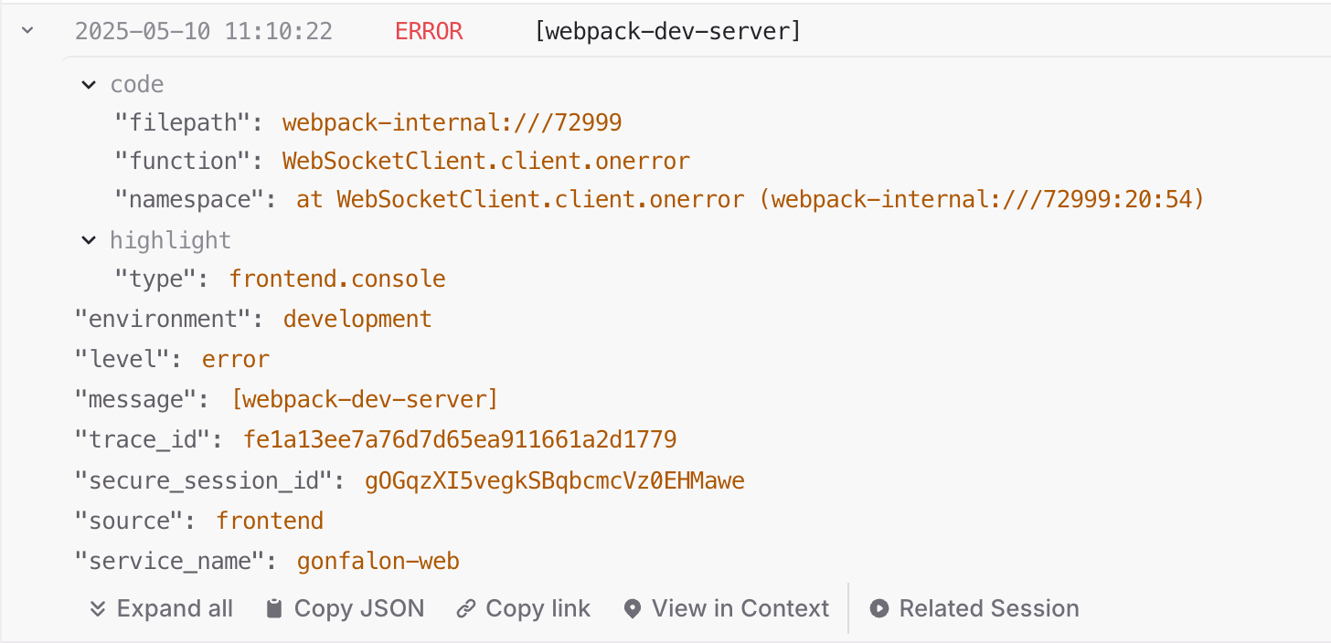 A detailed view of a log entry.