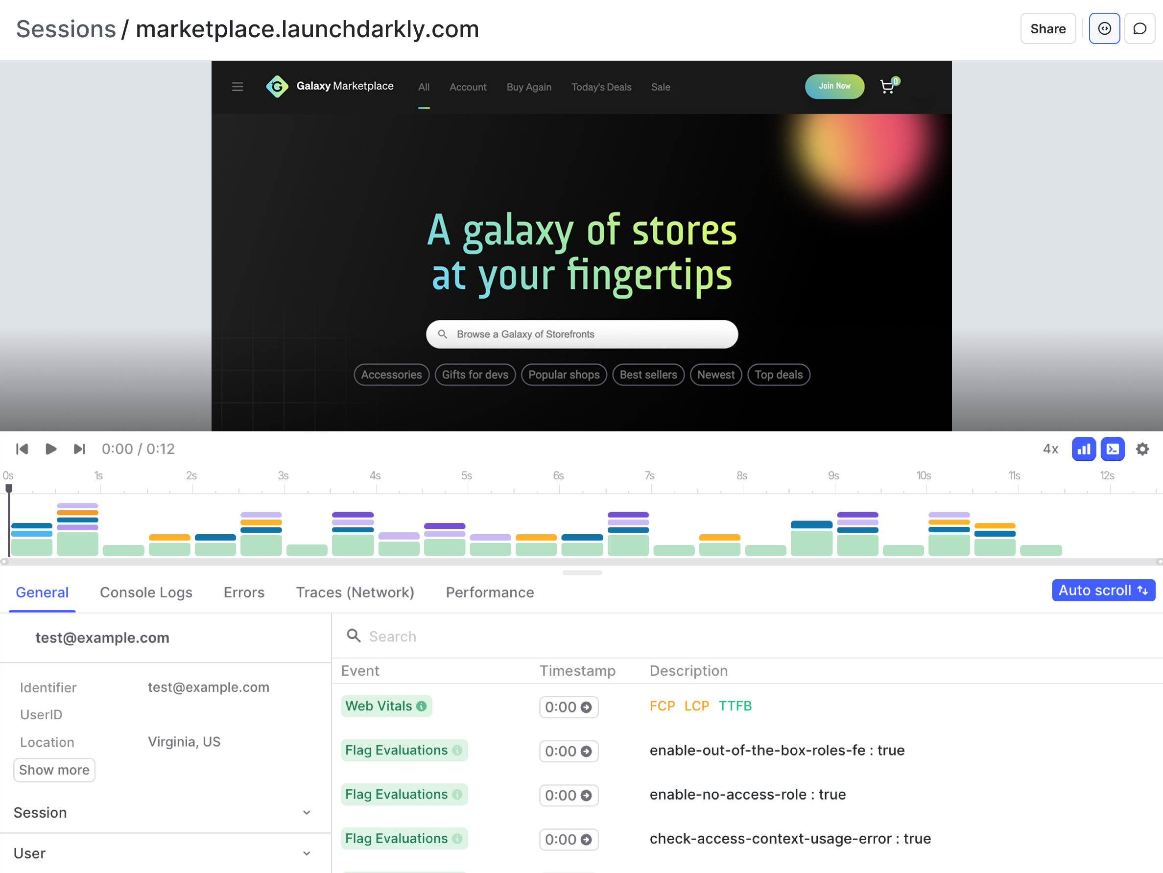 A session replay with event details expanded.