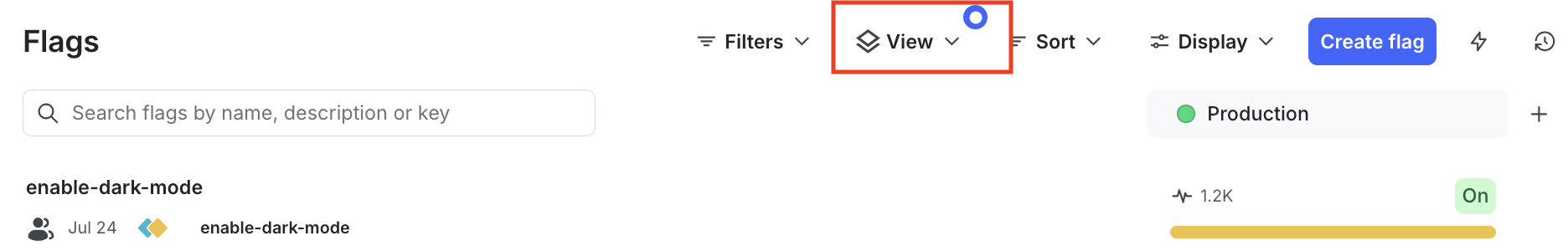 The "Flags" list, showing flags in one view, with the "View" menu called out.