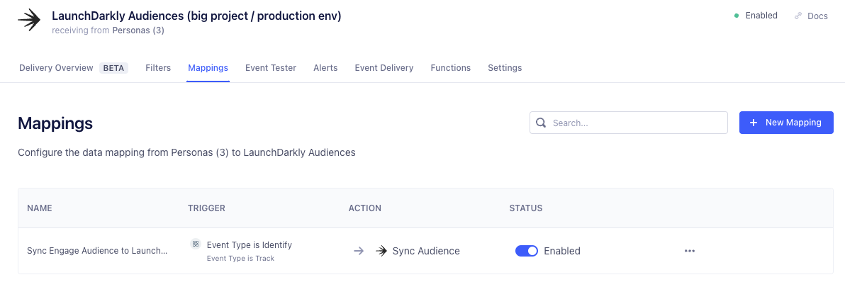 The "Mappings" tab of the LaunchDarkly Audiences page in Twilio segment with the "Sync Engage Audience to LaunchDarkly mapping" enabled.