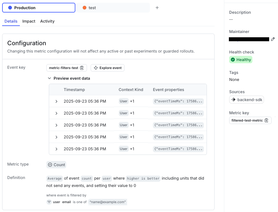 Event data preview with recent events in the Metric details tab.