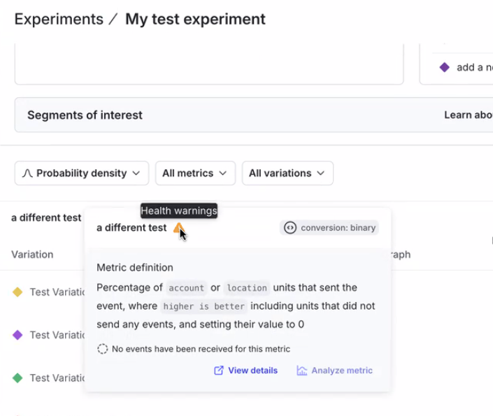 Health check icon on experiments page.