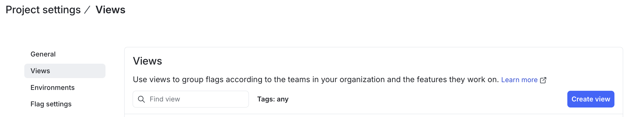 The Views list in project settings.