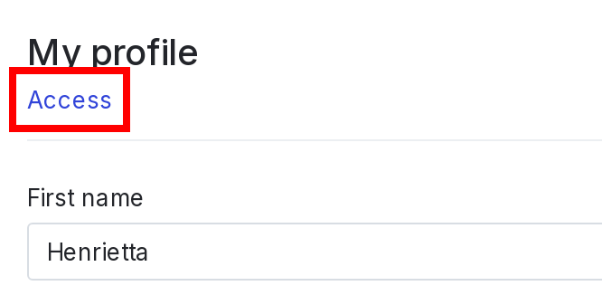 The "My profile" section with the "Access" link called out.