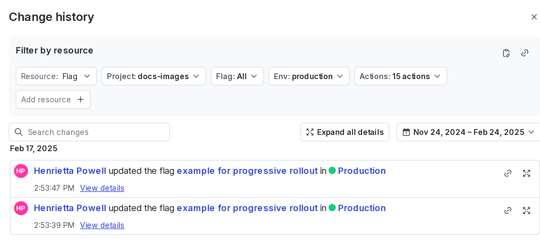 The "Change history" dialog, automatically filtered by resource, project, and environment.