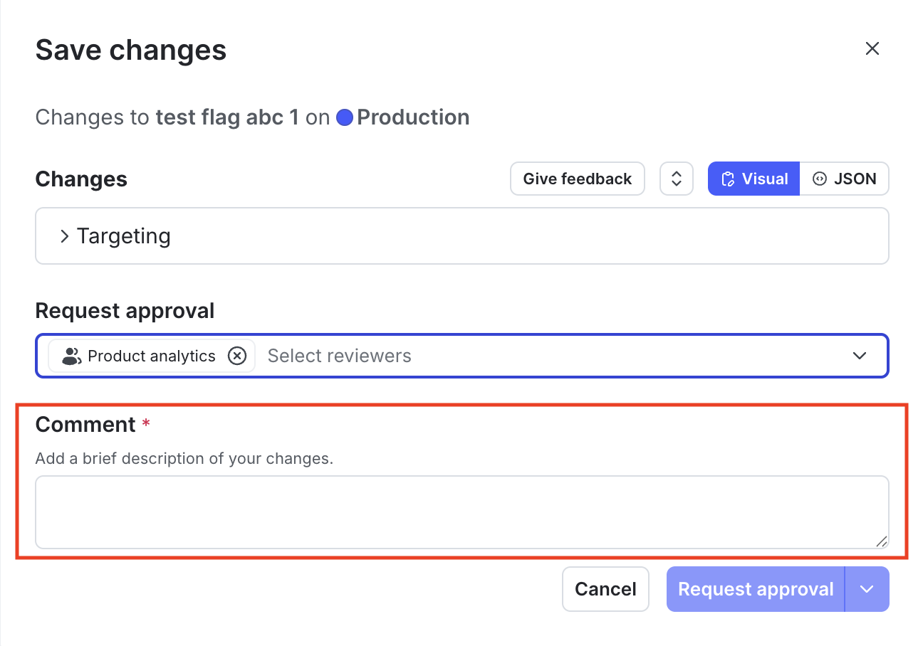 The "Save changes" dialog with the "Comment" field called out.