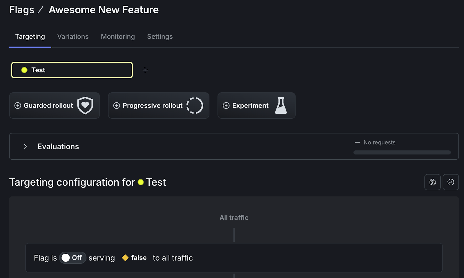 Screenshot of flag configuration in the LaunchDarkly UI. The flag is Off, serving false to all users in the Test environment.