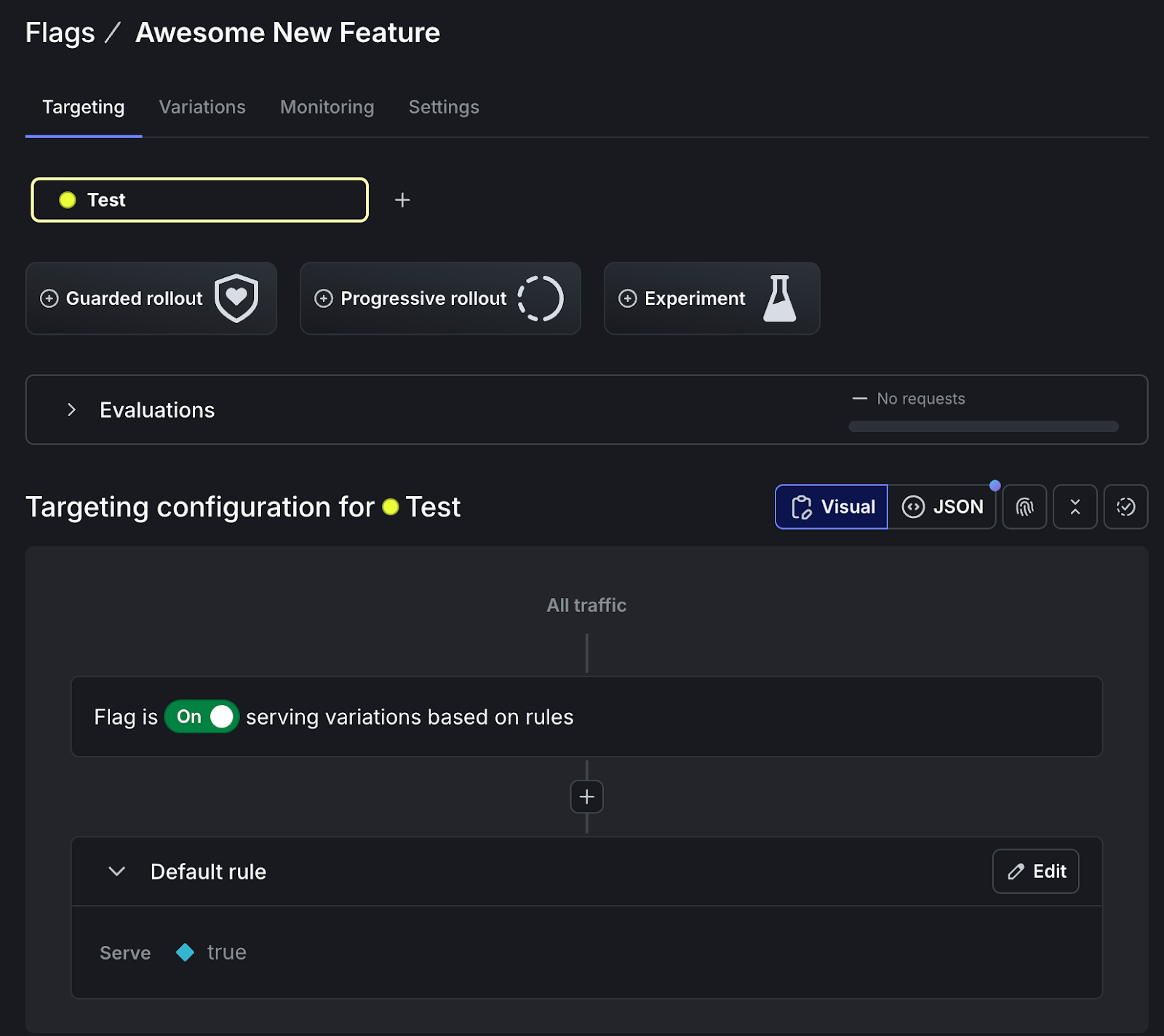 Screenshot of flag configuration in the LaunchDarkly UI. The flag is On, serving true to all users in the Test environment.