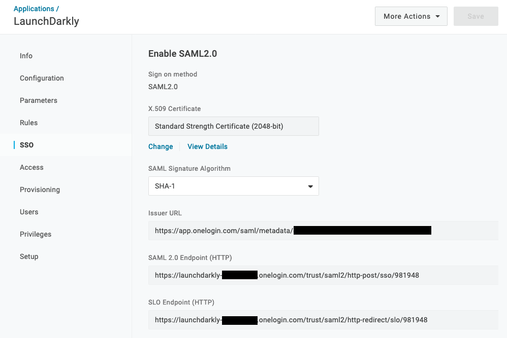 The SSO section of LaunchDarkly.
