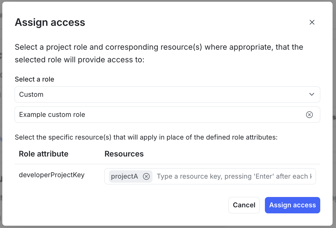 The "Assign access" dialog, with a role attribute and resource specified for the custom role being assigned.