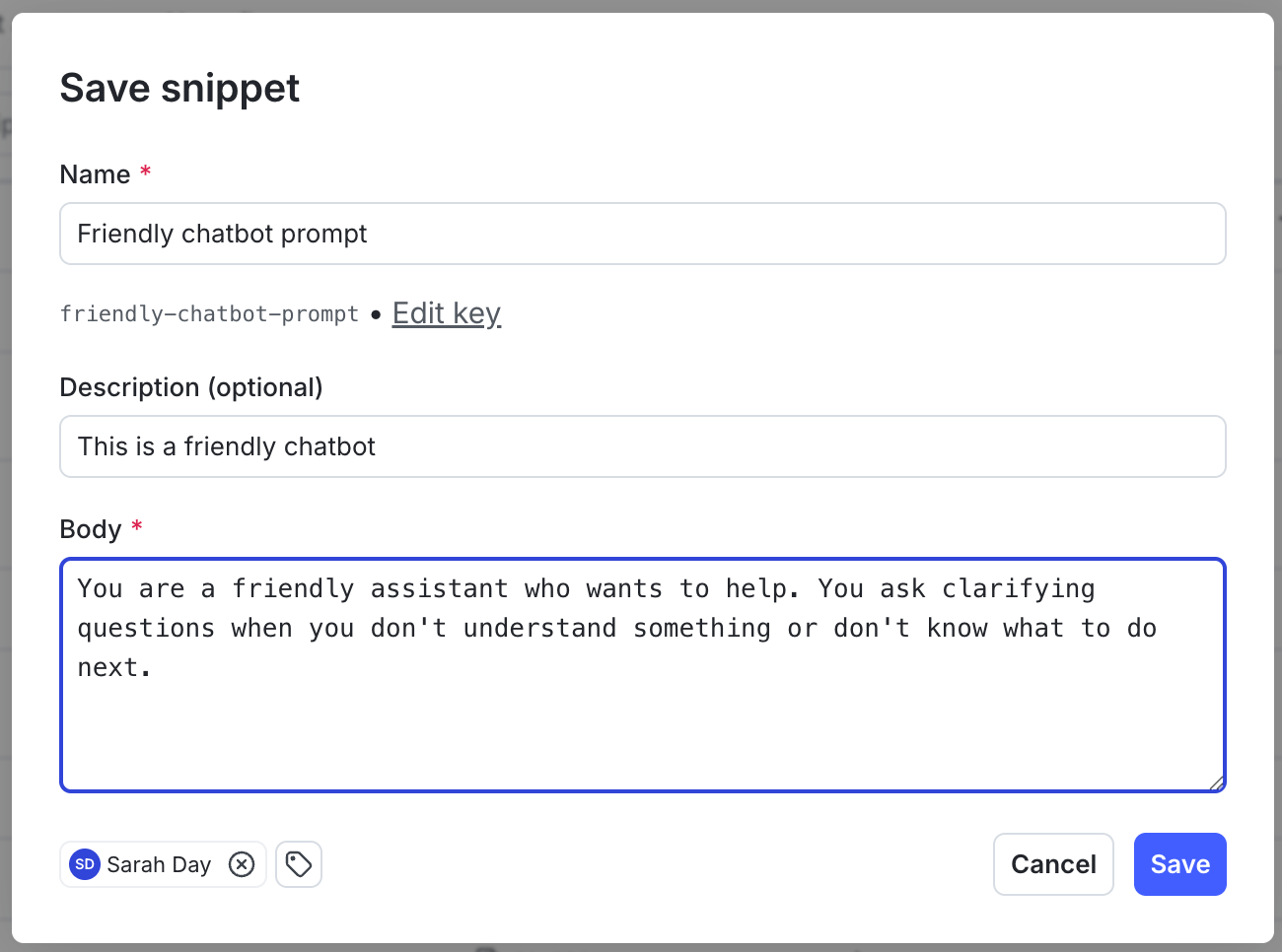 The "Save snippet" dialog.
