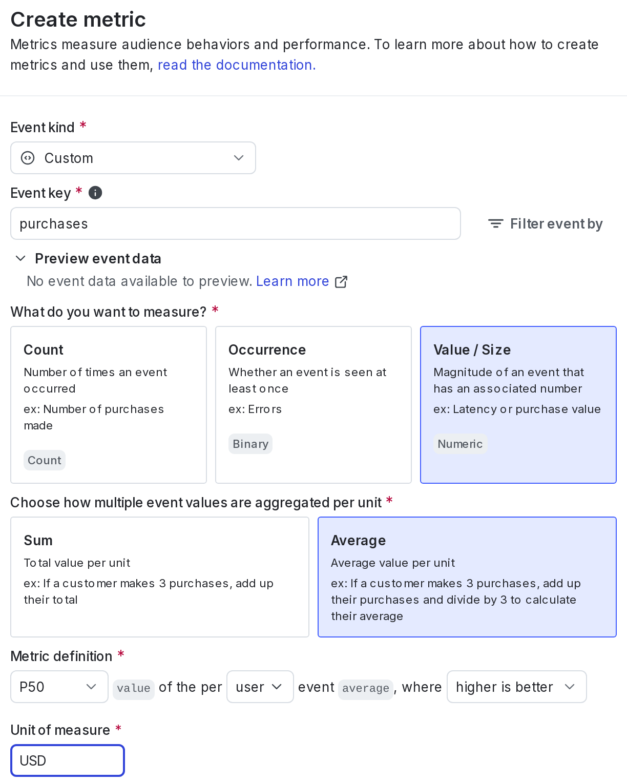 The metric creation dialog.