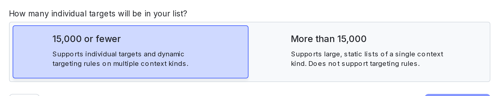 A portion of the "Create a segment" dialog, showing a question about the size of the list-based segment.