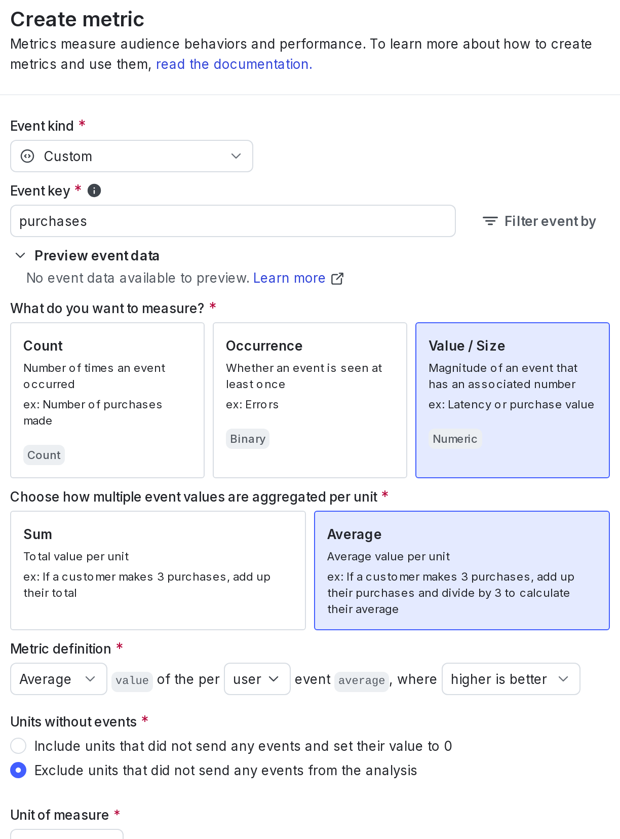 The metric creation dialog.